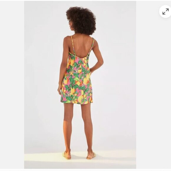 FARM Rio Orange Sunset Boho Summer Fruit Print Strappy Linen Dress Size X-Large - Picture 2 of 4